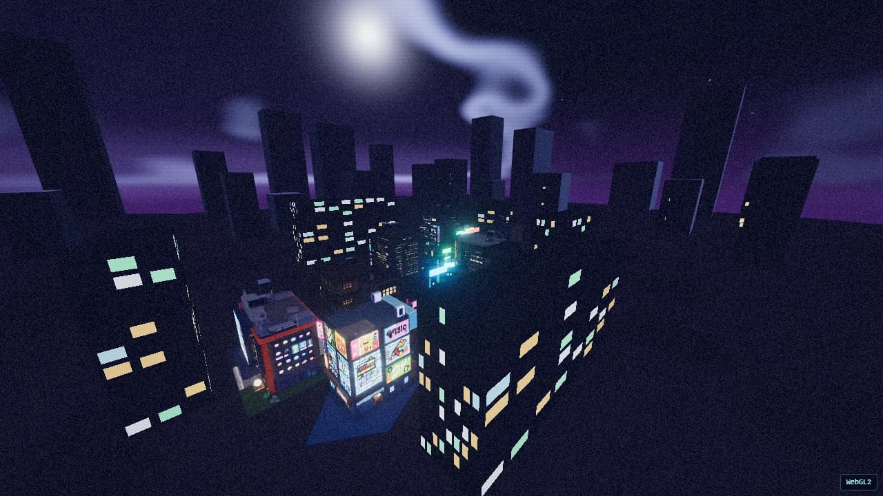 Wide view across VEILBREAK's neon city district